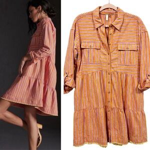 Pilcro Tiered Linen Blend Shirt Dress sz: S Orange Stripe Button Front Anthro